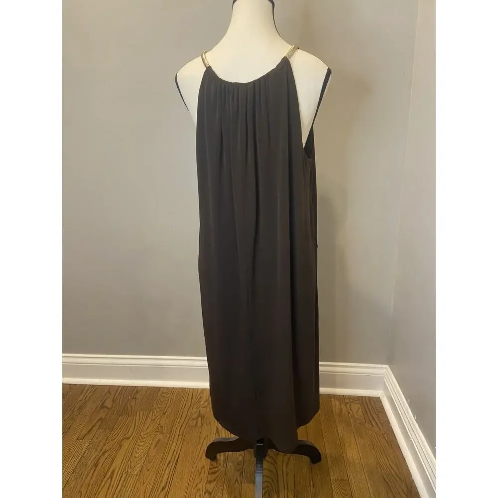 Michael Kors Women's Brown Maxi Dress Gold Strap Halter Flowy Sleeveless L